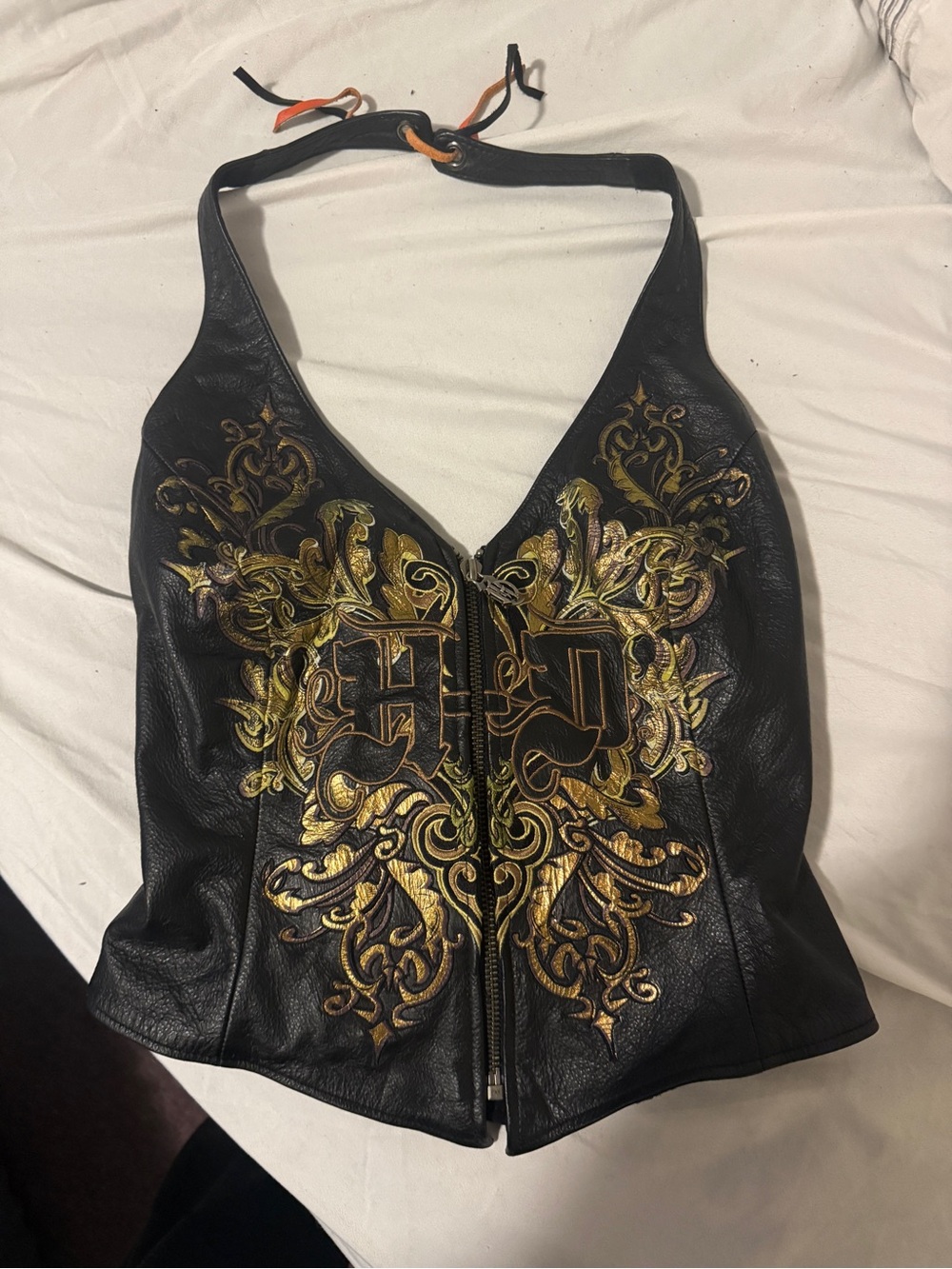 Harley-Davidson Black Leather Halter Top with Gold Embroidered Crest